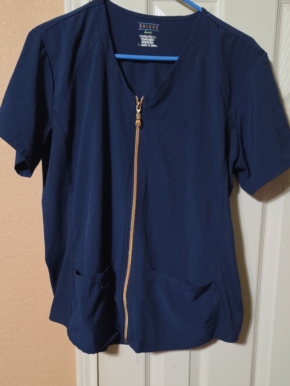 XL Scrub Top Navy Blue Zip-Front  with Gold Zipper